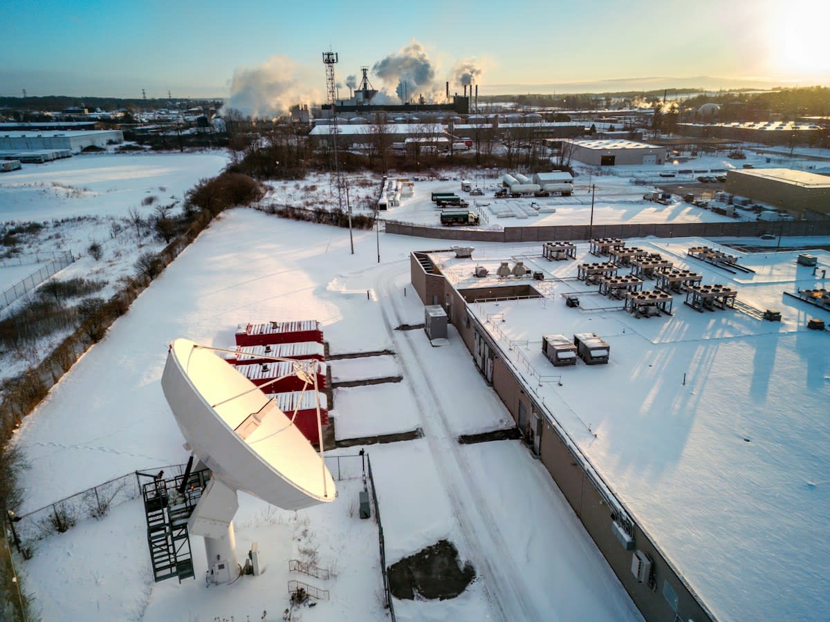 Industrial data center in a snowy landscape