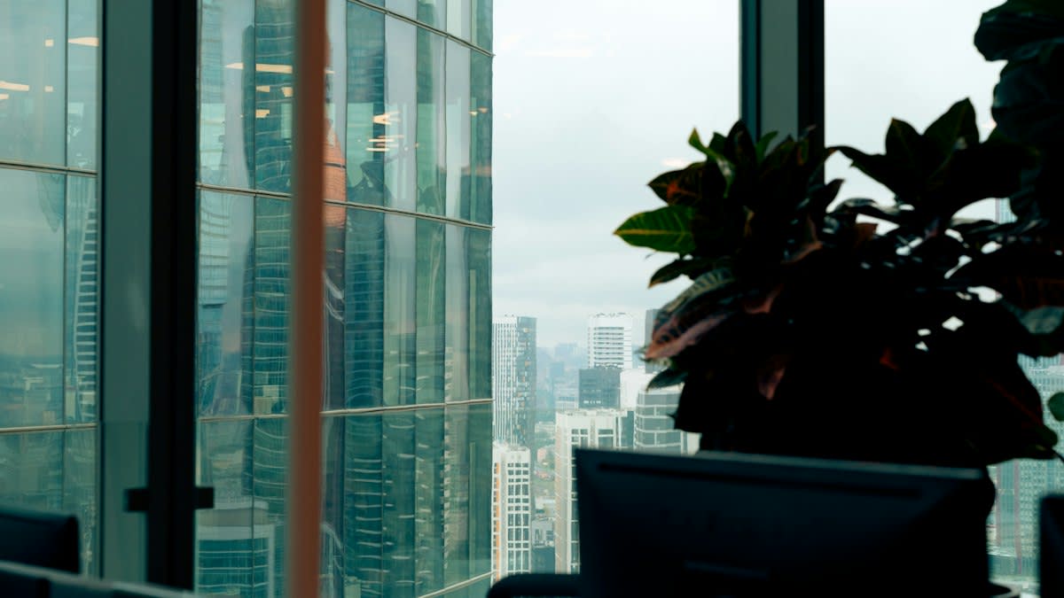 Empty modern office chair in a high-rise building