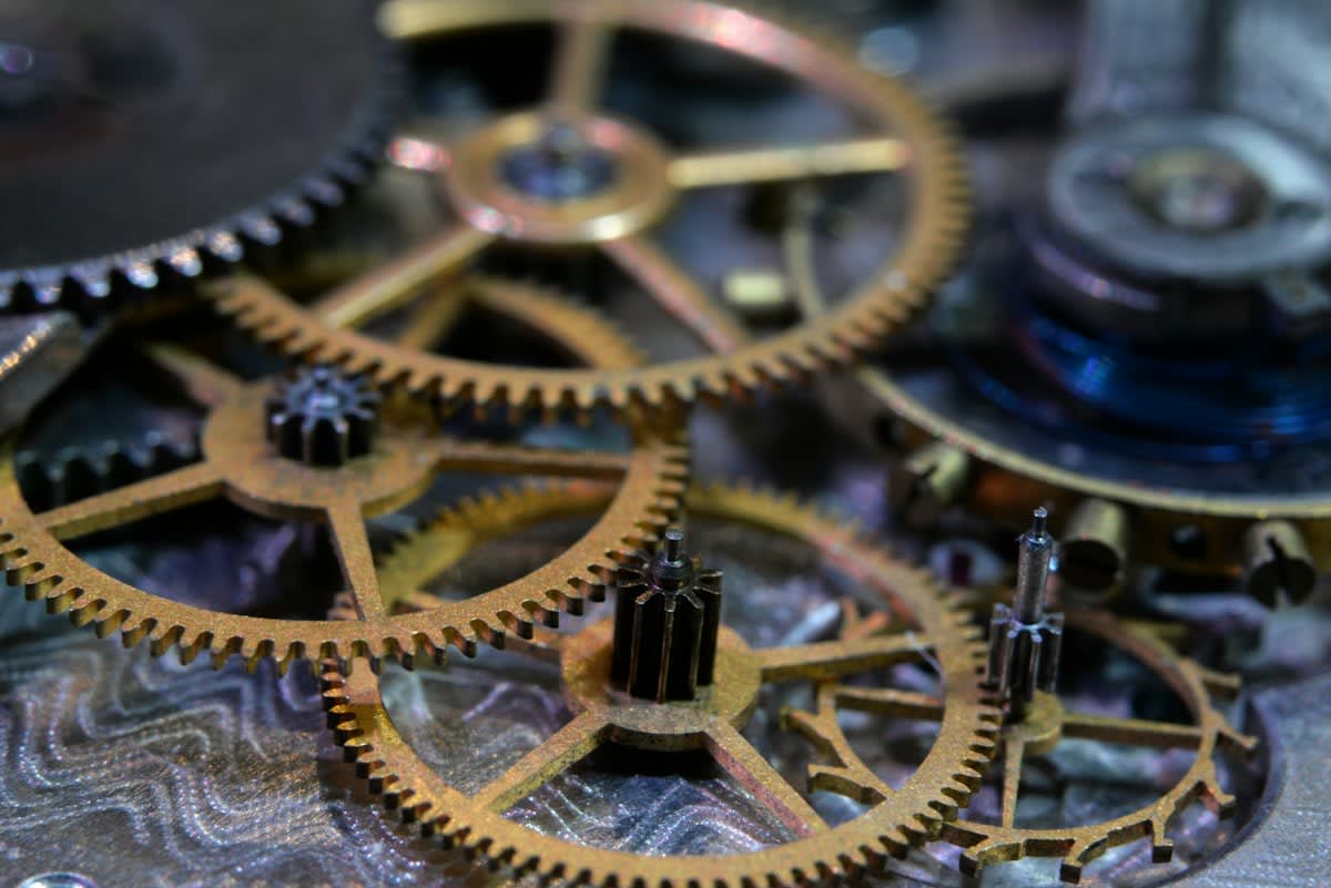 Close up of a complex mechanical gear system