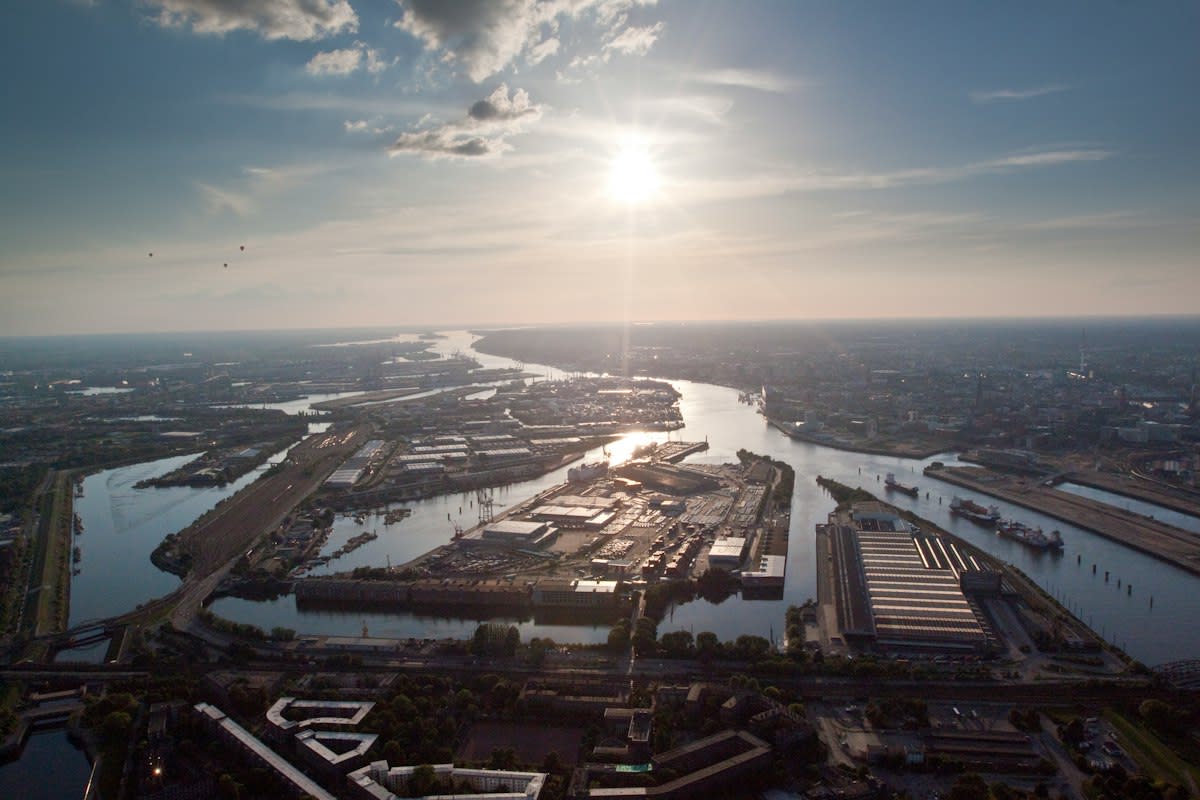 Aerial view of a modern industrial port city