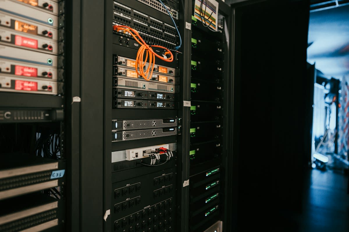 Industrial server rack with blinking lights