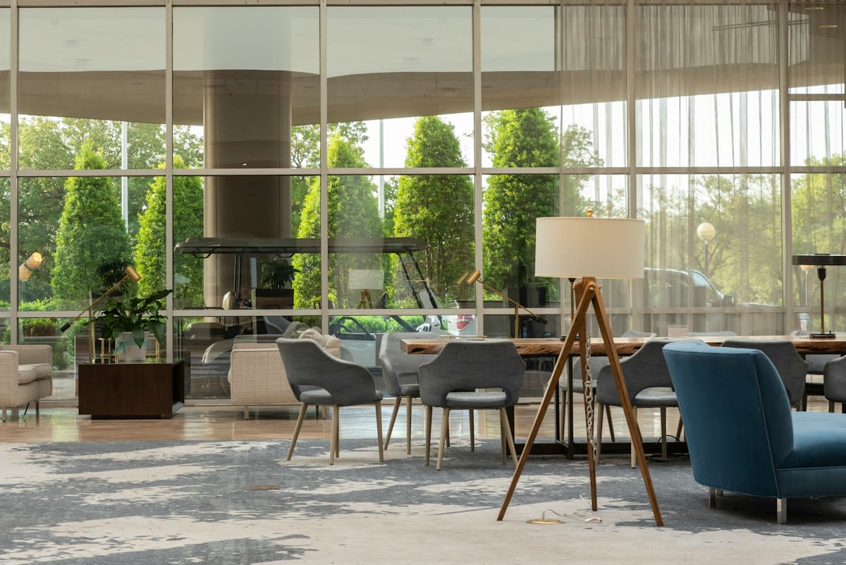 Modern hotel lobby with generic luxury furniture