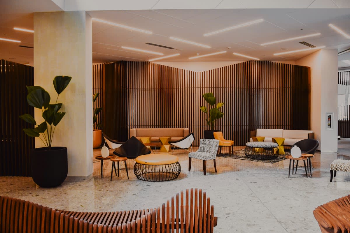 Minimalist hotel interior with plants