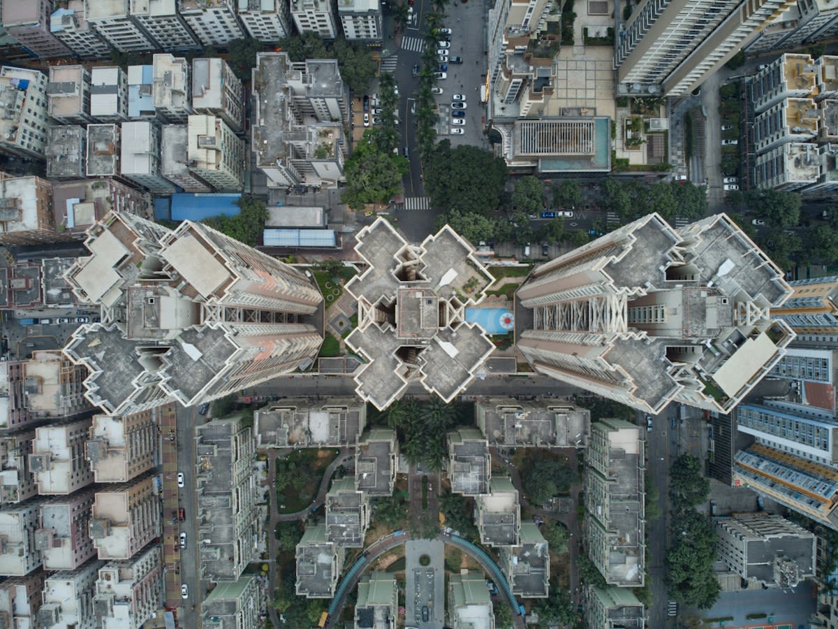 Top down view of a dense urban tech hub like Shenzhen