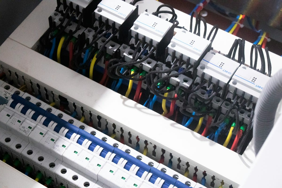 industrial control panel with complex wiring