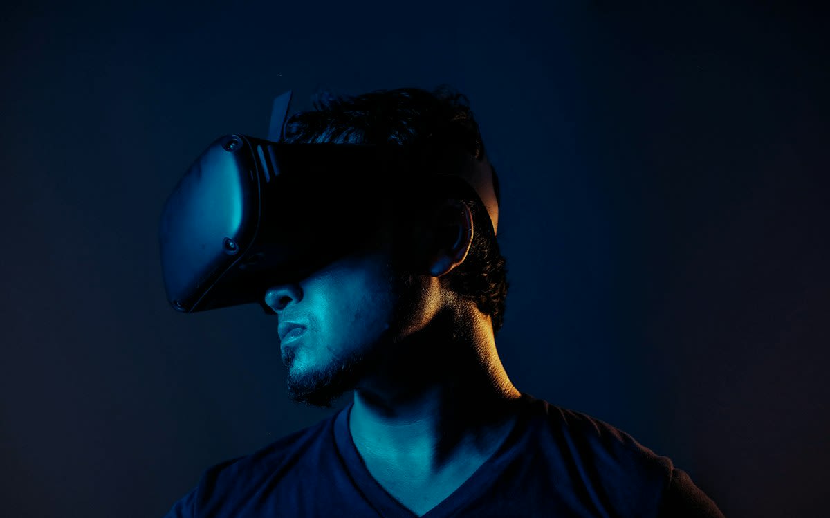 High tech VR headset in dark room