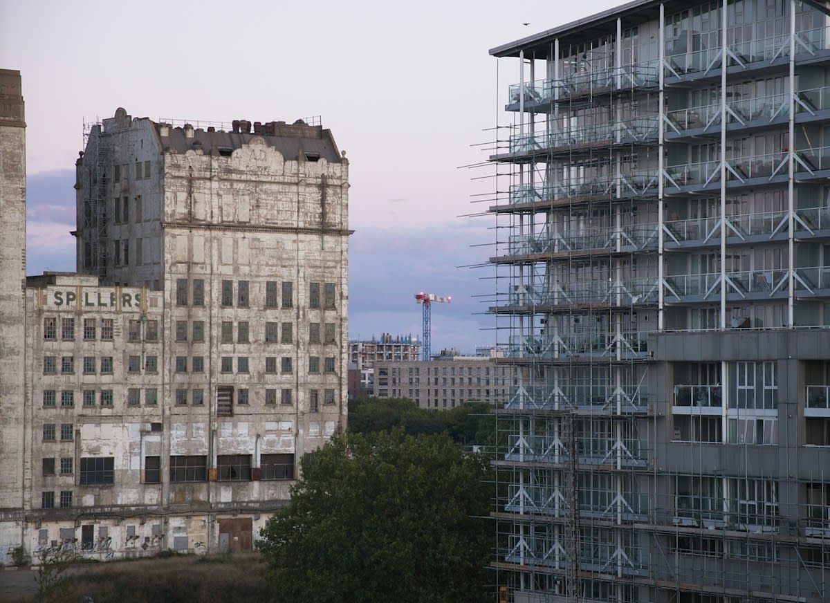 Construction scaffolding on old building