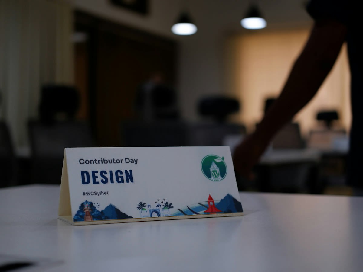 Close up of a corporate badge on a desk