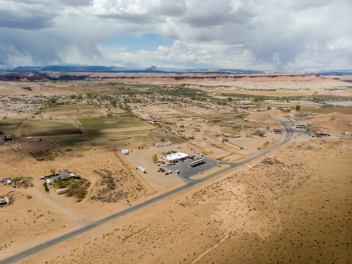 aerial view of wind farm in arid landscape