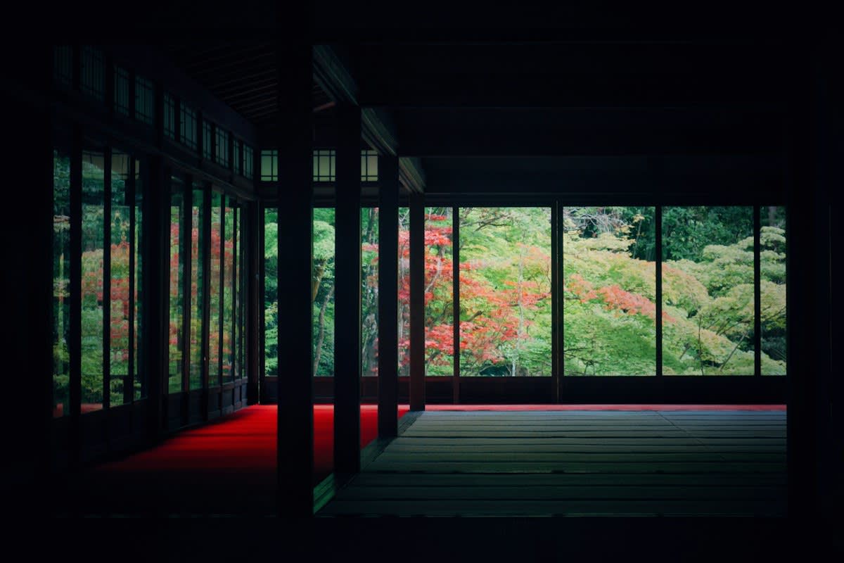 Kyoto temple interior dim lighting