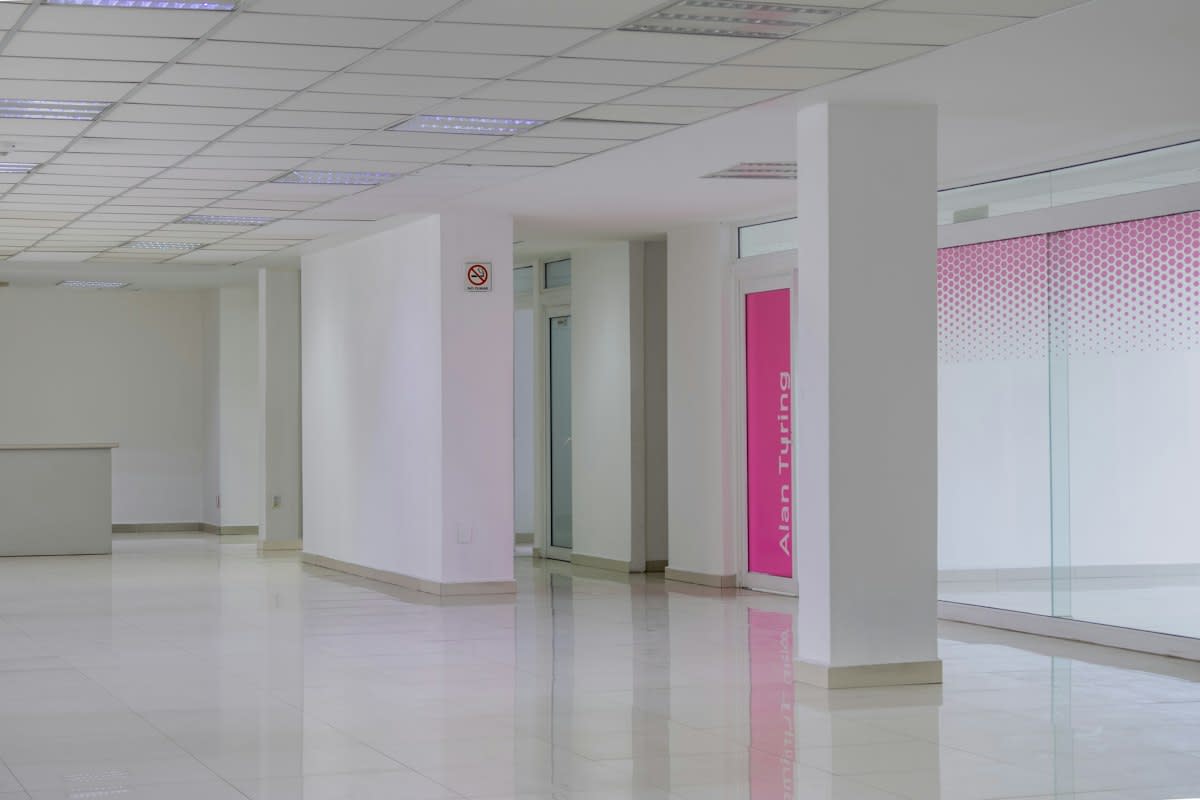 Empty corporate office with fluorescent lighting