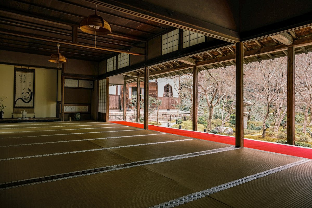 Kyoto temple interior with futuristic digital screens