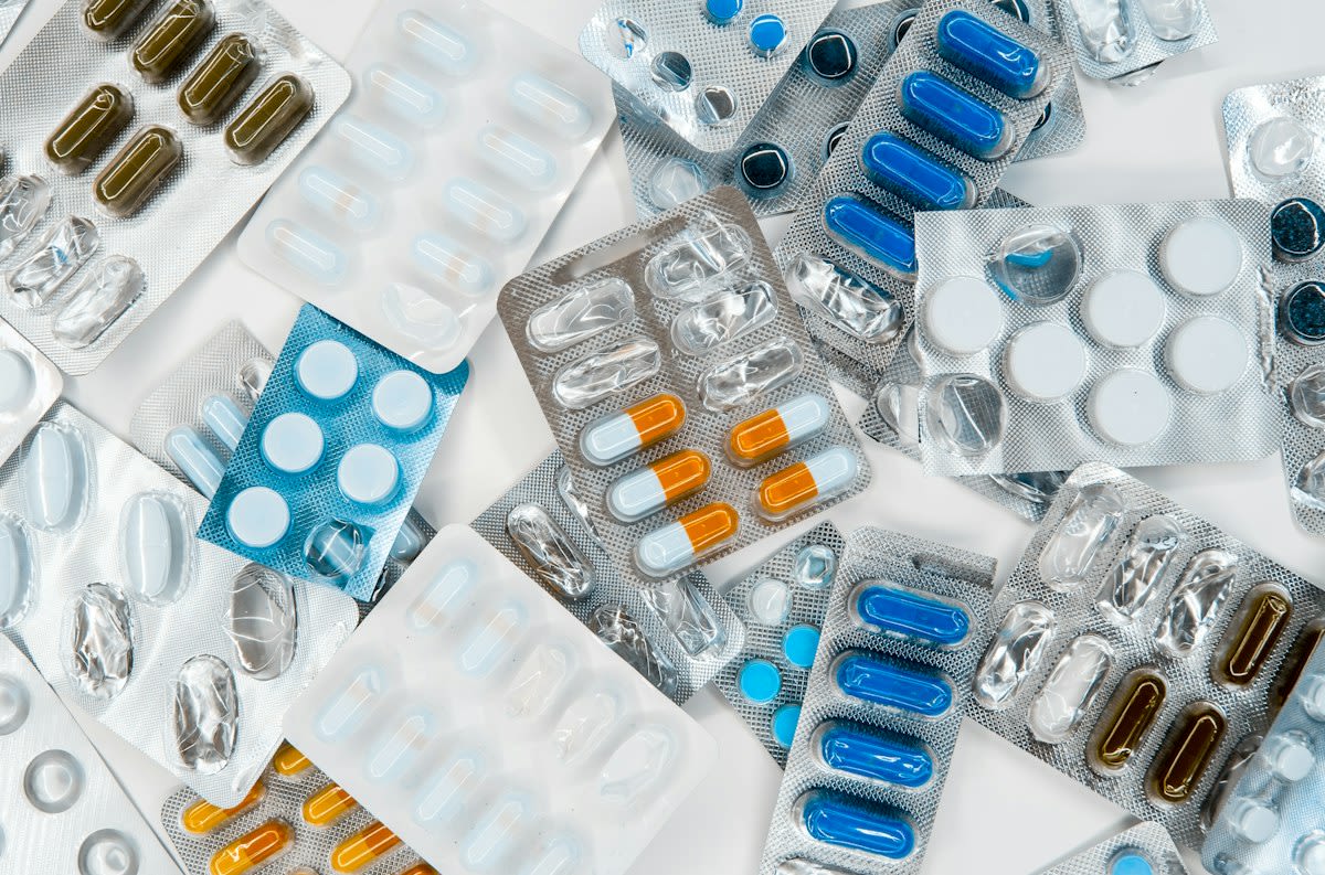 Close up of various pharmaceutical pills and capsules