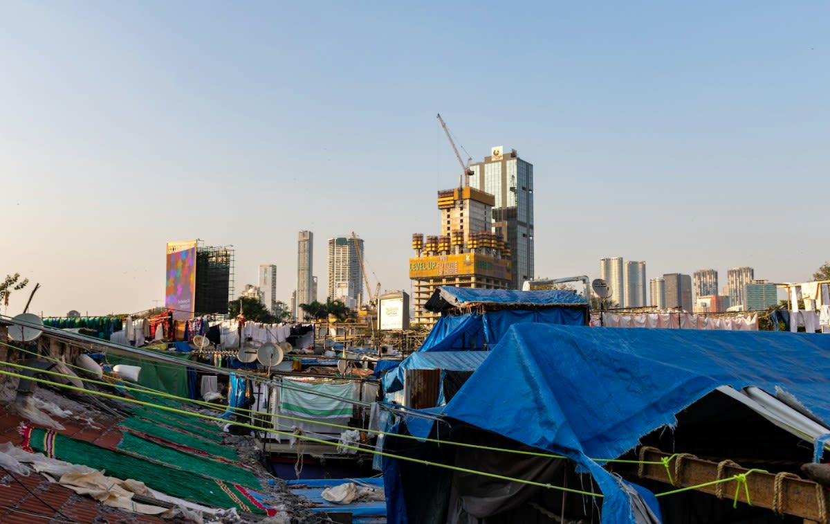 Construction site in a crowded urban slum