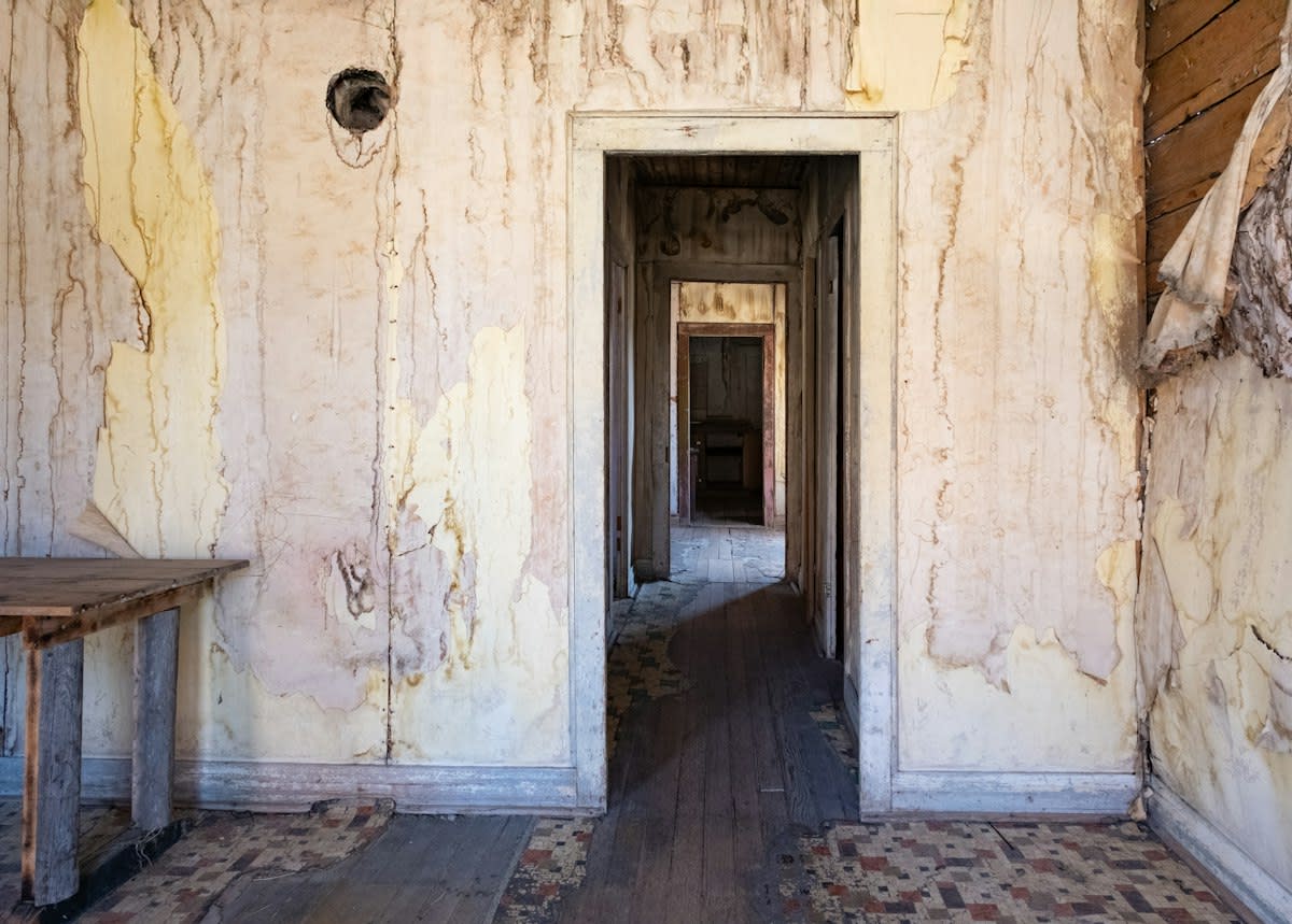 Gritty urban apartment hallway with peeling paint
