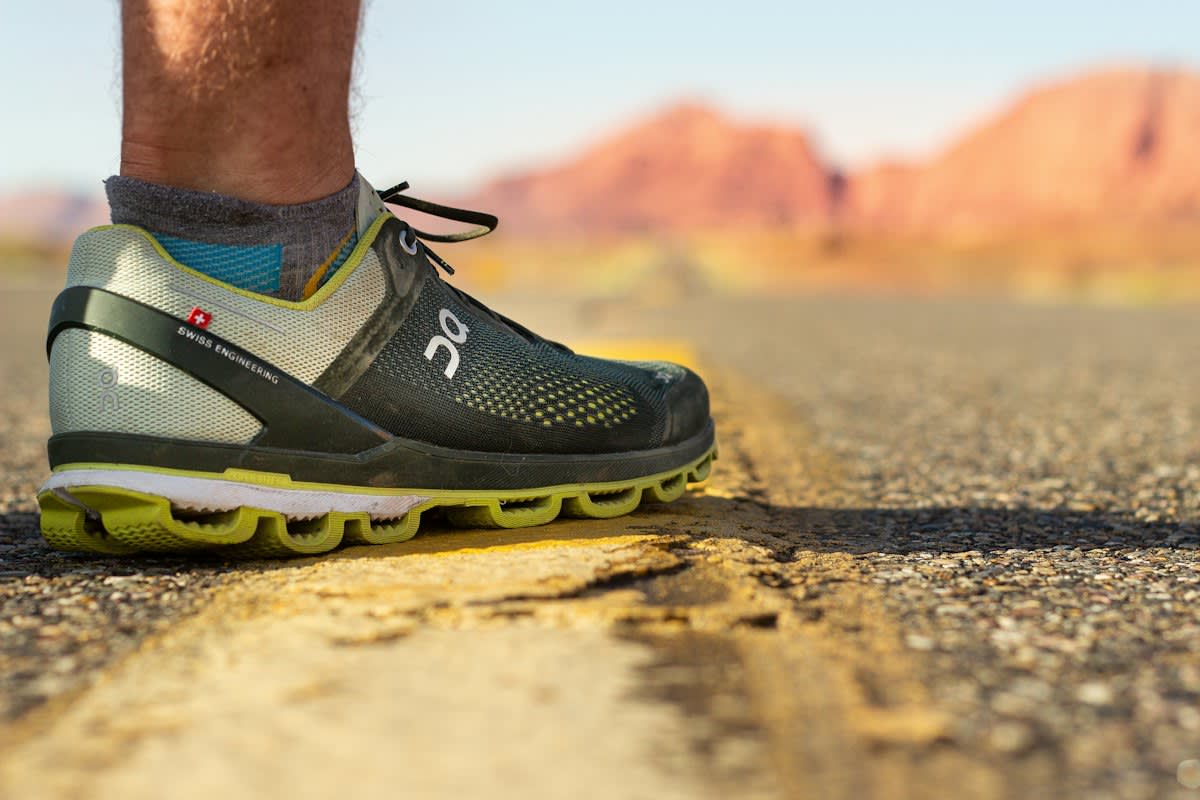 Close up of high tech running shoe carbon plate