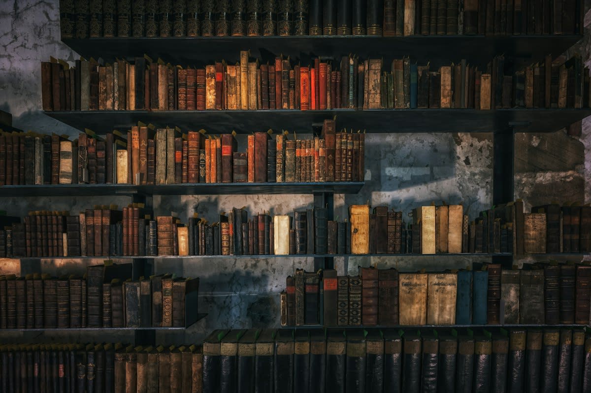 dusty old library shelves with heavy books