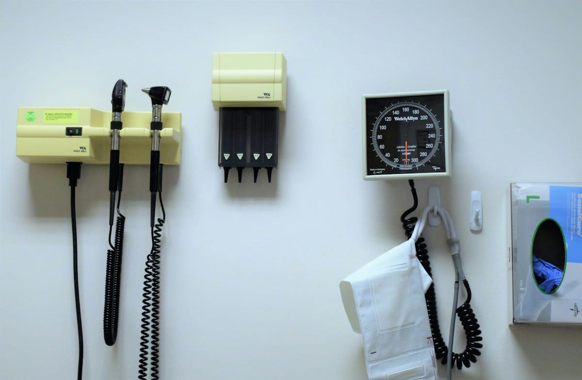 Clinical blood pressure monitor on a table
