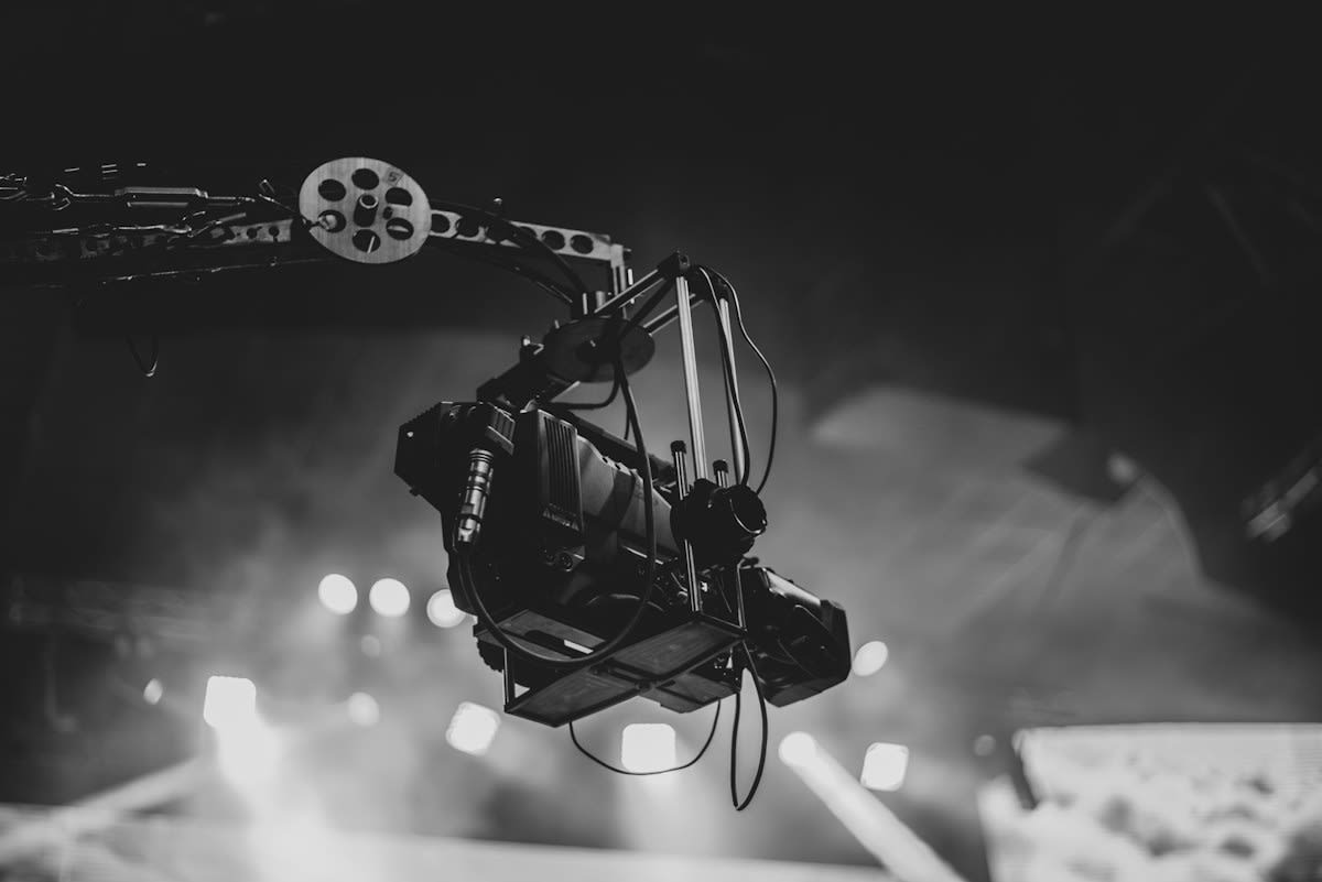 Close up of a professional cinema camera on a vertical rig