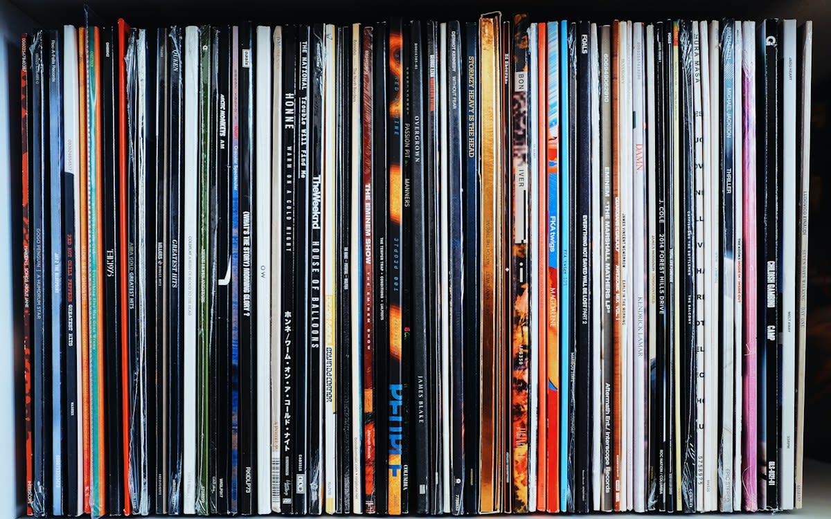 Vinyl records in a crate