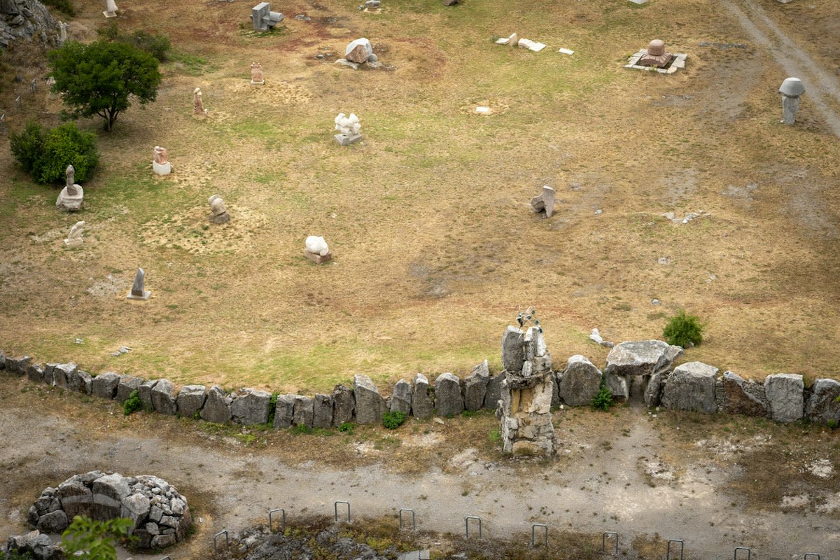 Drone surveying ancient wall ruins