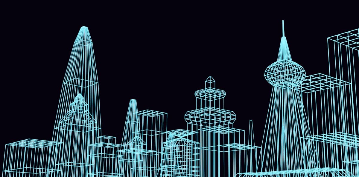 Digital 3D wireframe of a building