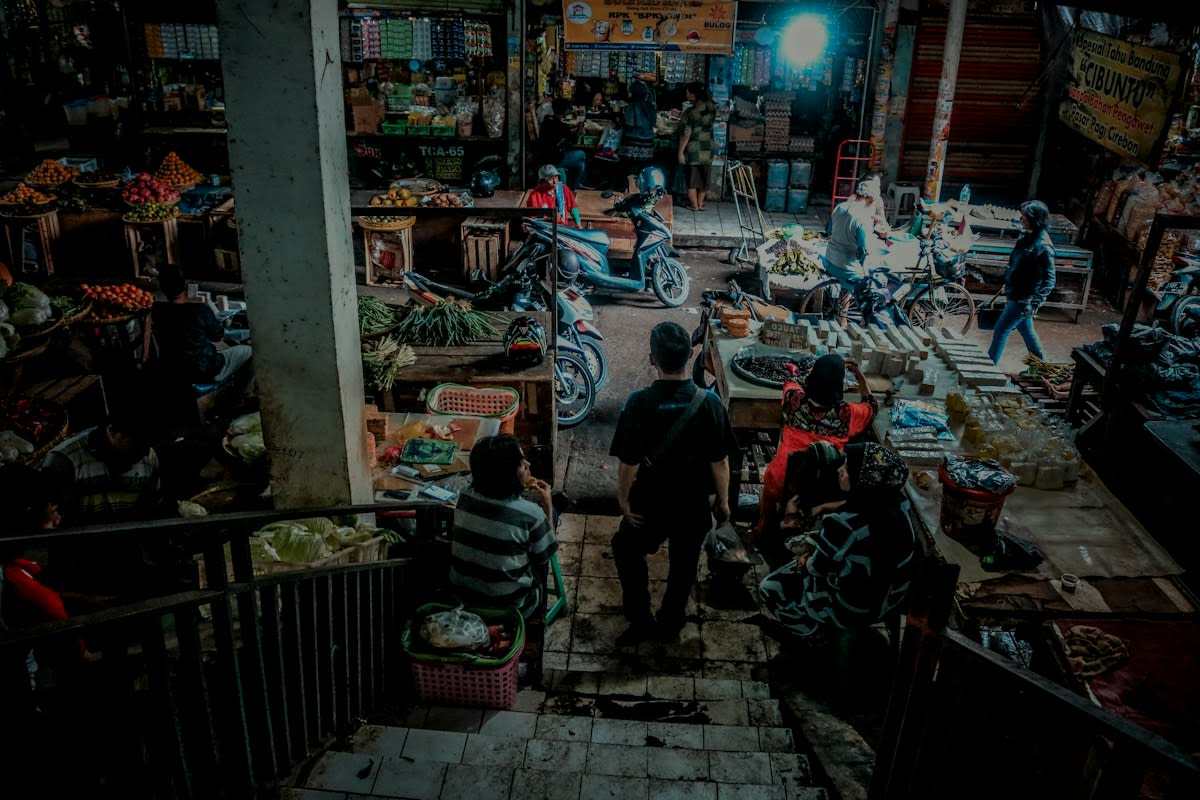 Laptop in a crowded Asian market