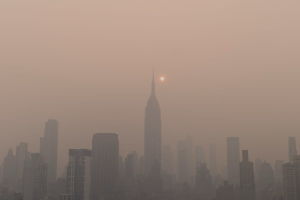 Smoggy city skyline with haze