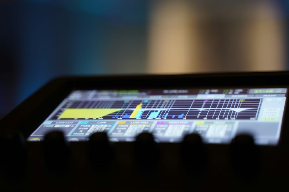 Close up of a digital tablet showing a complex web of audio nodes