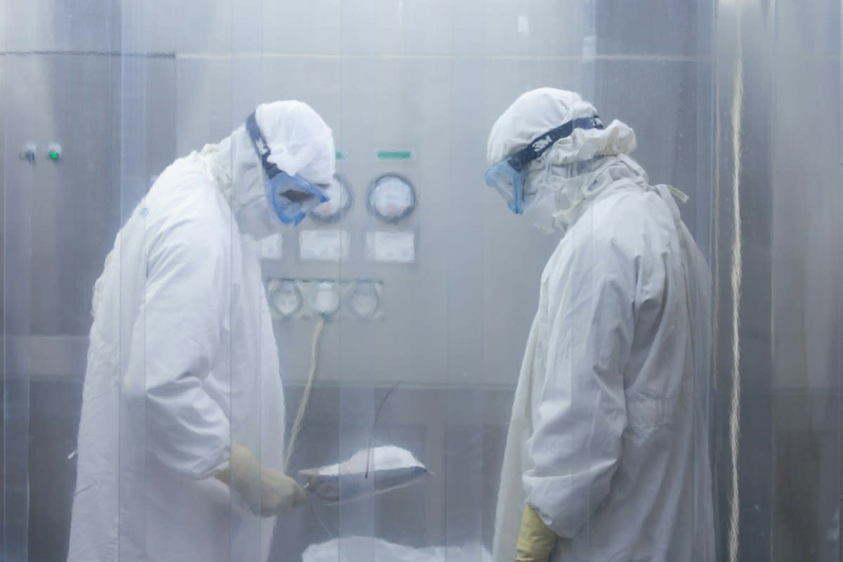 Semiconductor cleanroom technicians in white suits