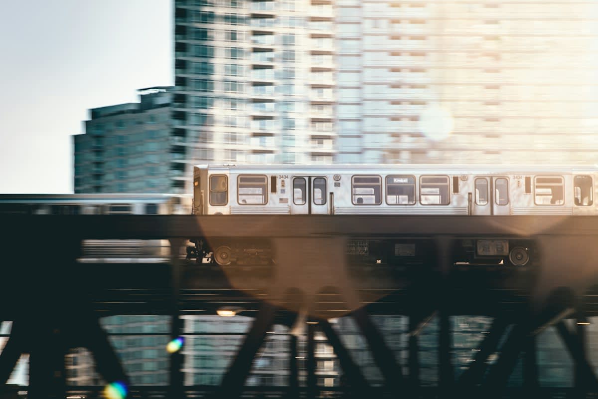 Urban light rail train in a city