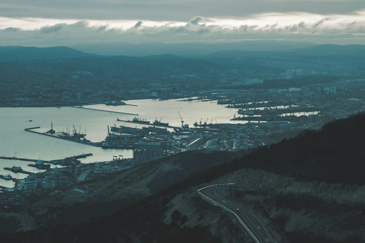 Aerial view of a deep water shipping port with ore carriers