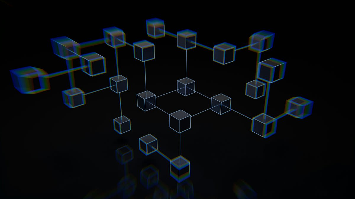 Digital representation of a blockchain ledger with glowing nodes