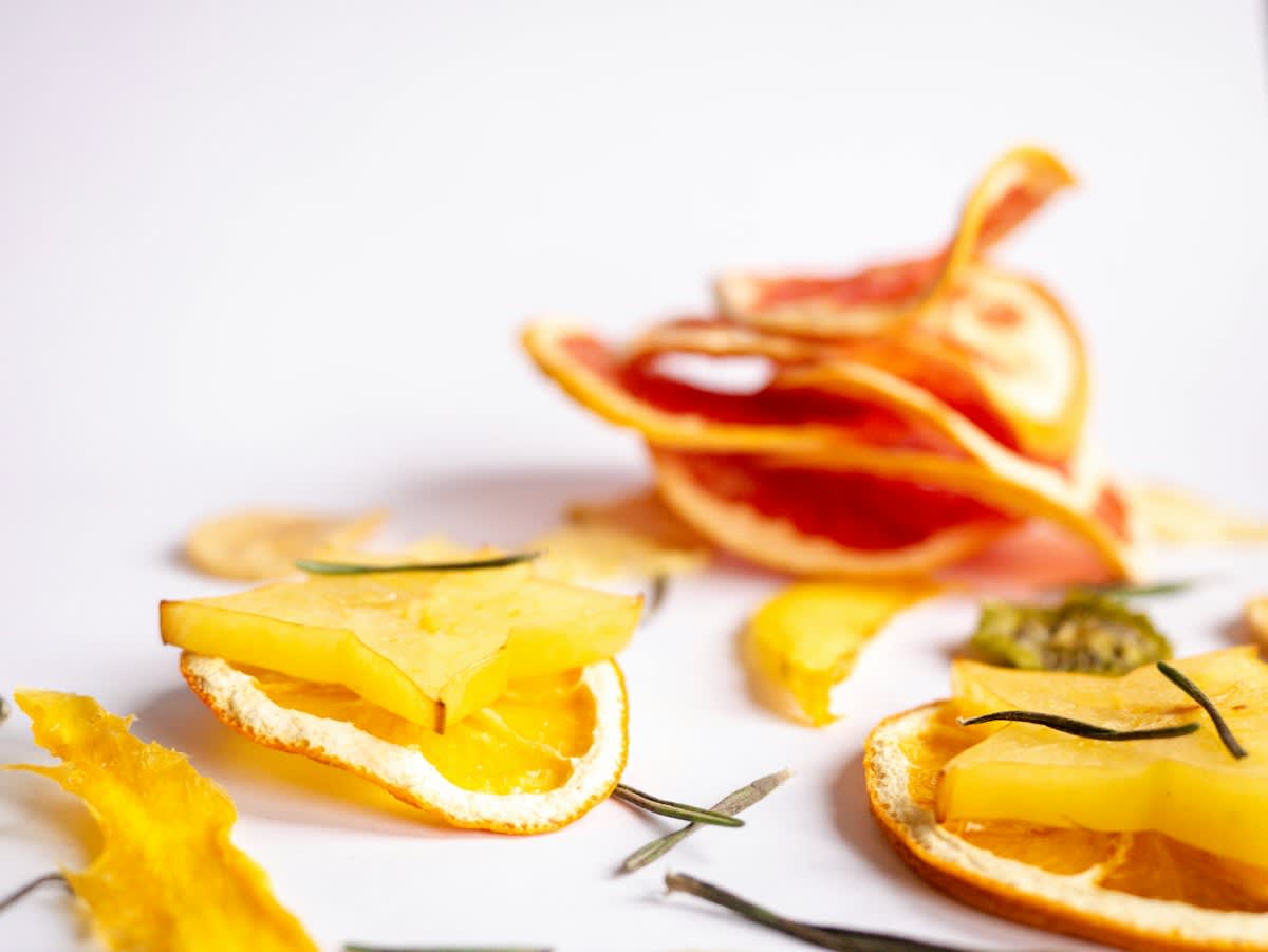 Close up of colorful citrus peels and fruit waste