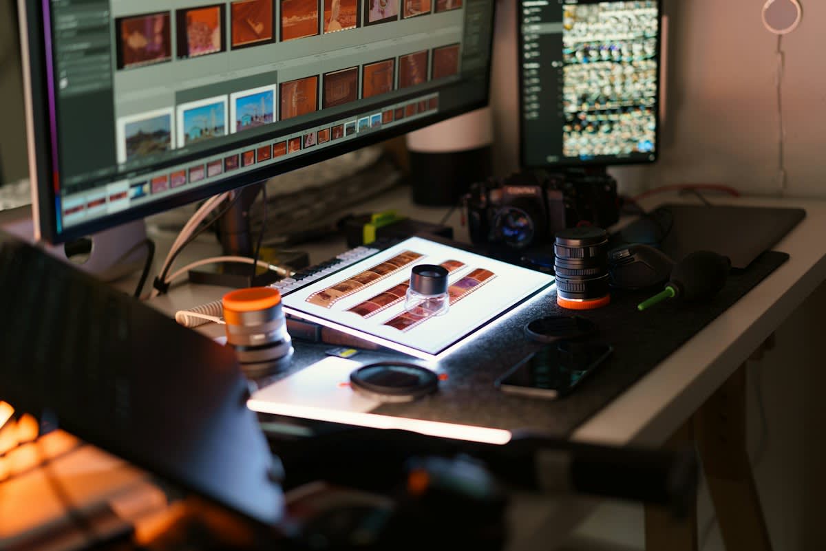 Professional workspace with notebooks and digital screens
