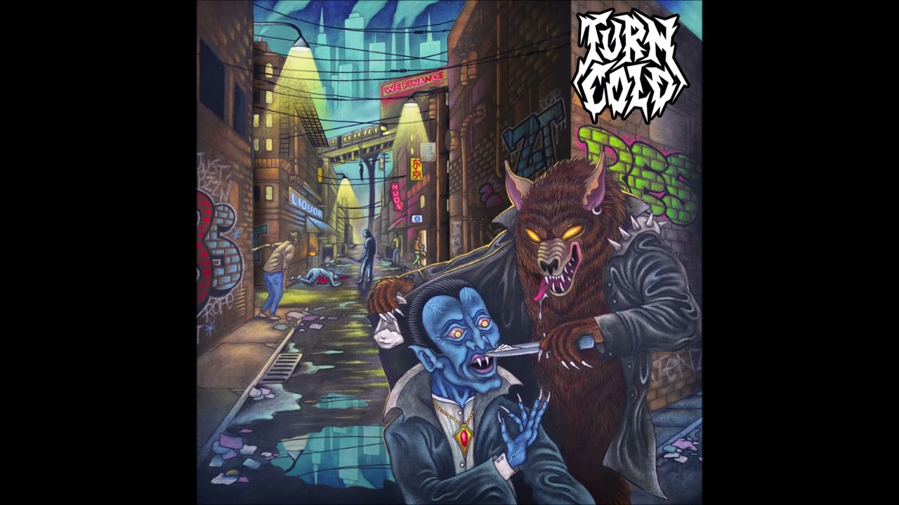 Turn Cold - Violent Breed album cover art featuring a werewolf fighting a vampire in a gritty urban alley