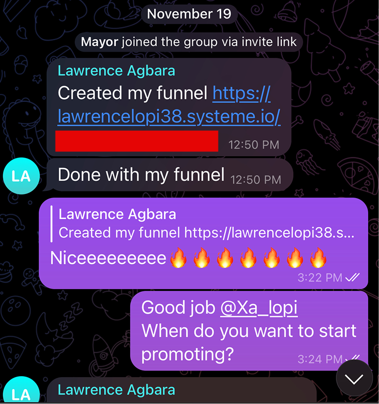 Student Lawrence sharing his completed funnel in the group