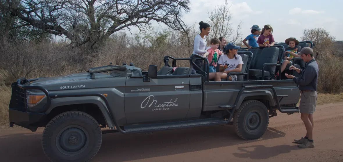 Private field guide driving an open safari vehicle with guests, ready to explore the wildlife