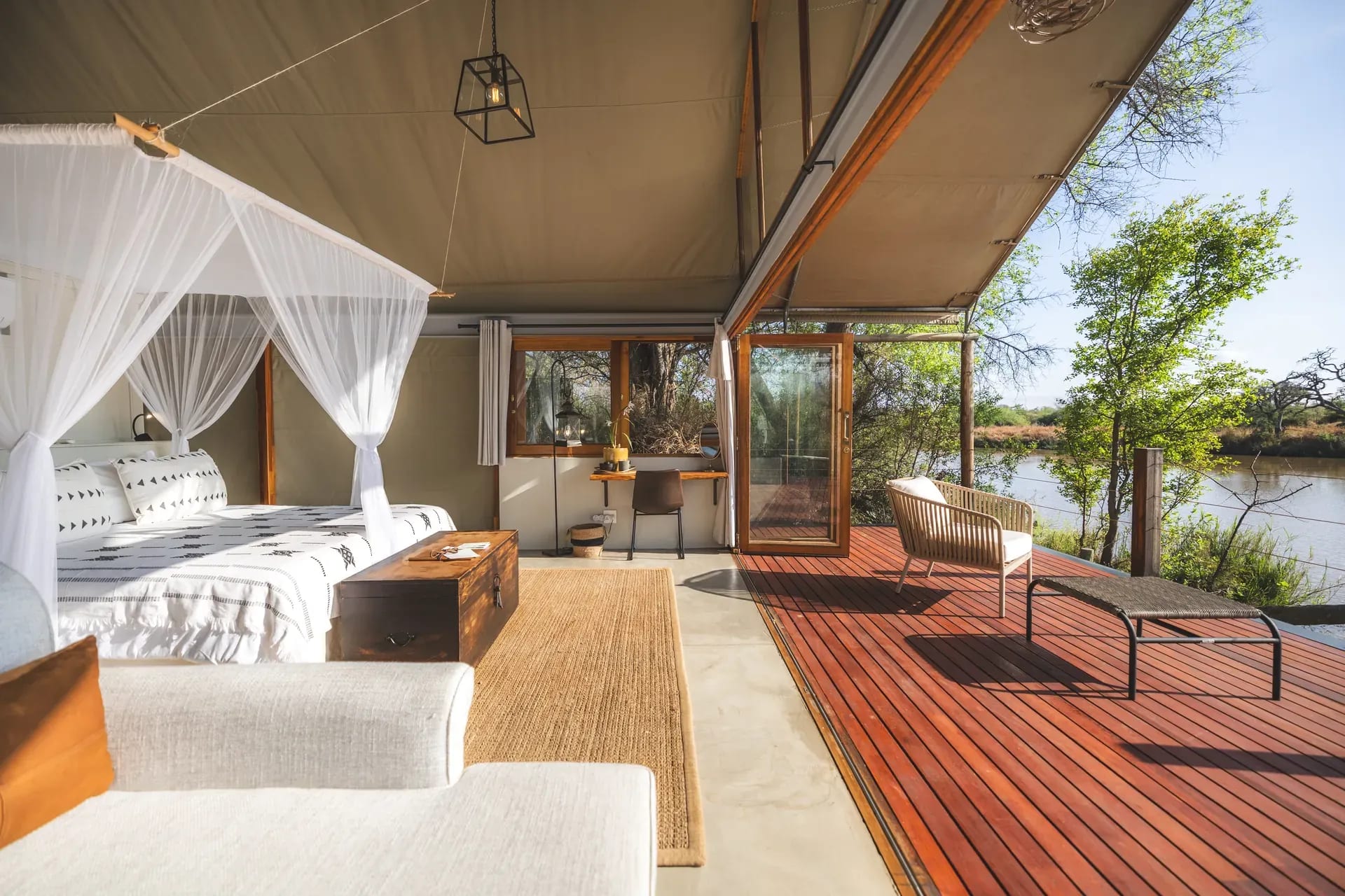 Marataba Residence Tent – Deck side view of the bedroom.