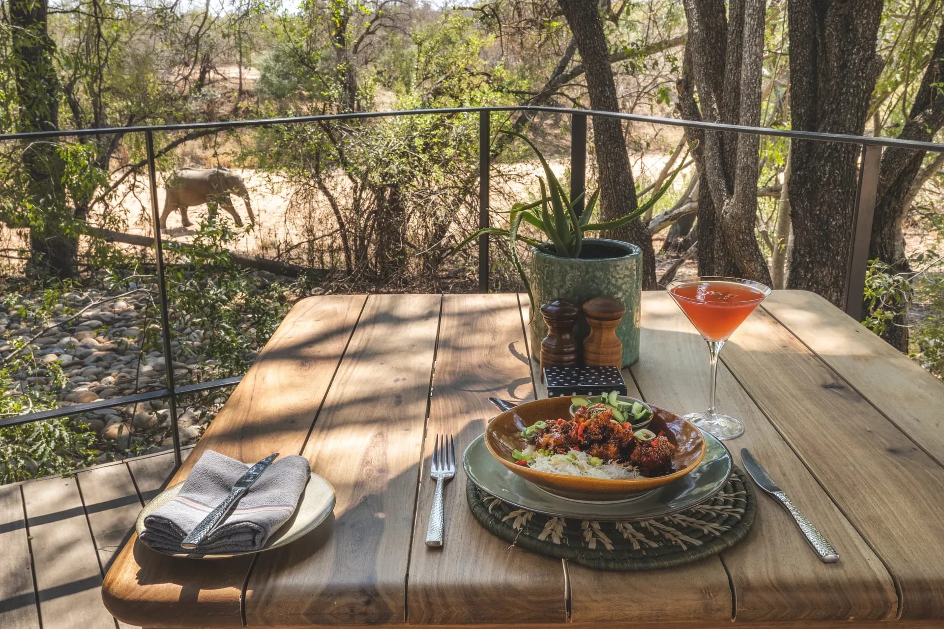 Dining table with food and a cocktail at Monwana Lodge, overlooking the African bush with an elephant in the distance.