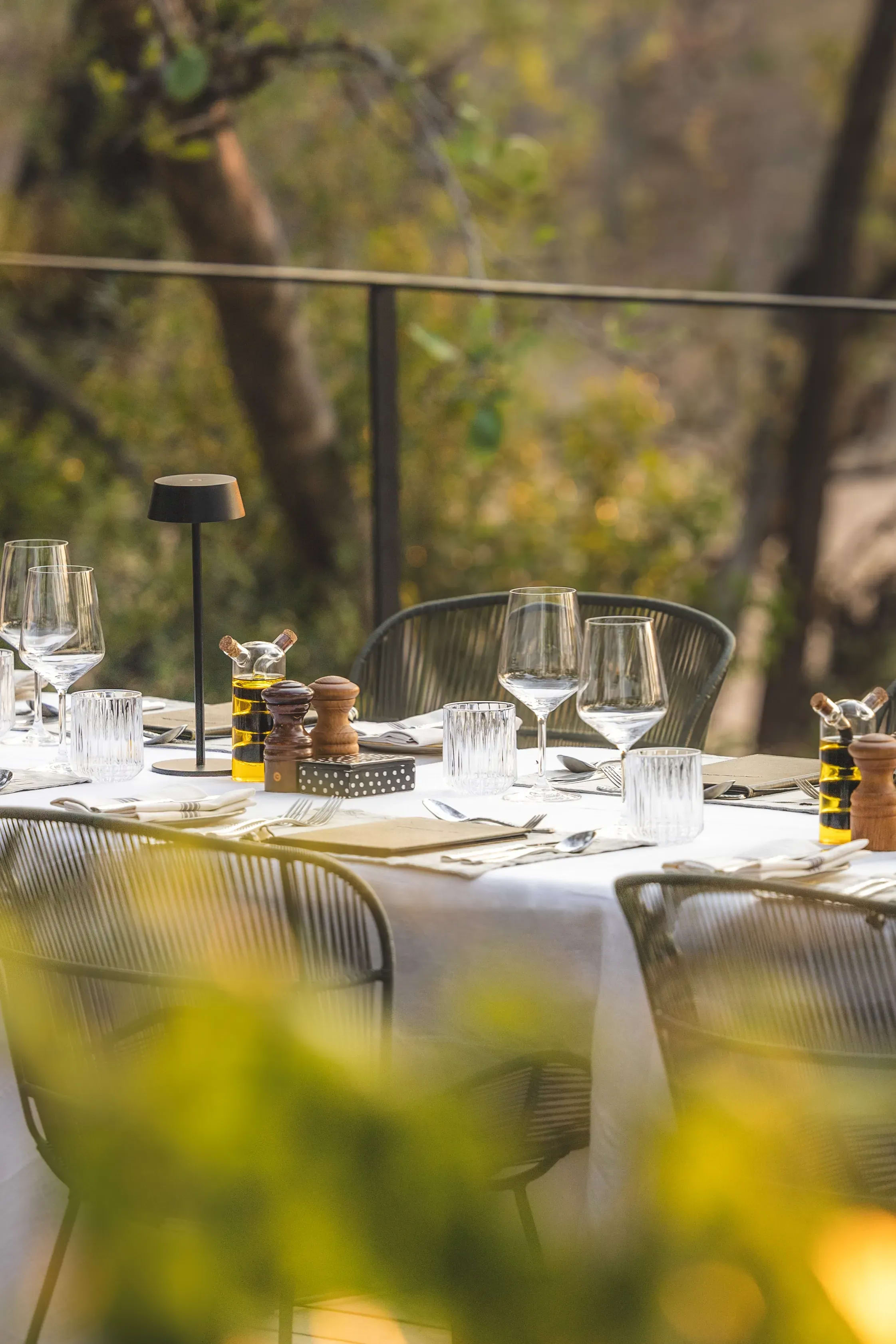 Elegant dining table set on a wooden deck in the African bush at Monwana Lodge