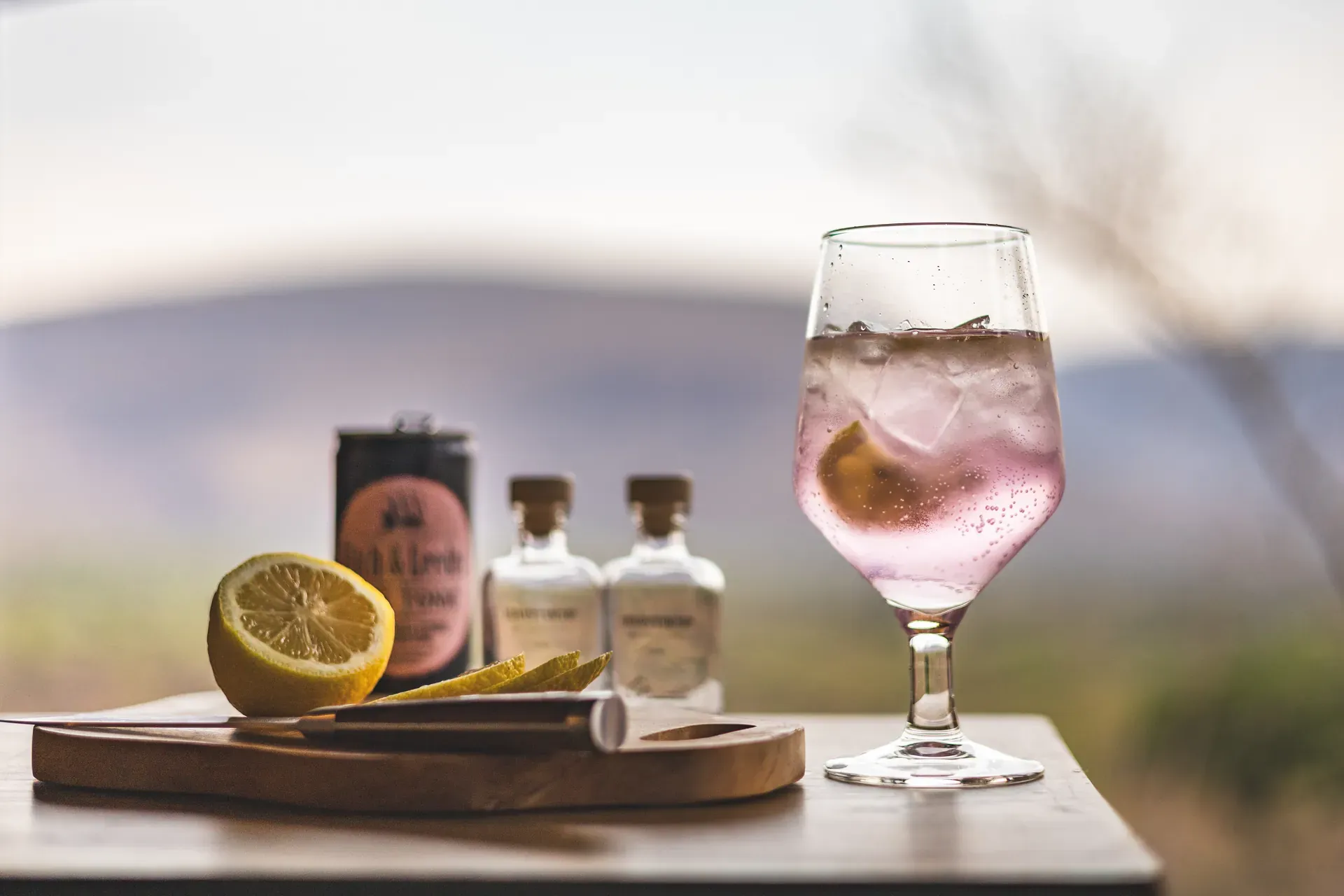 Mountain Lodge drinks selection beautifully styled with bush view at Marataba.