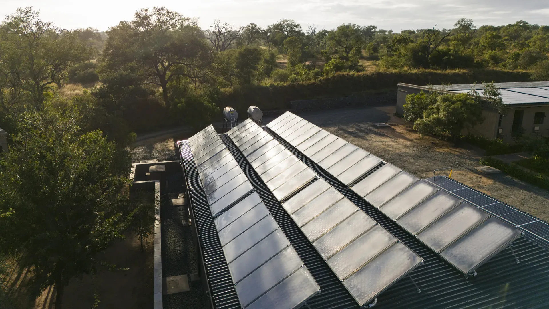 Solar panels installed on the roof of Monwana Lodge, with the African bush in the background.