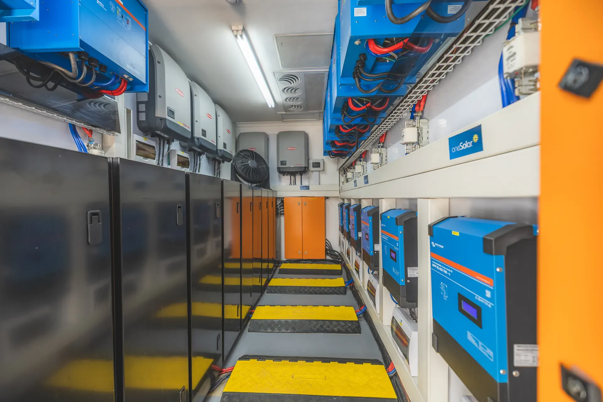 View of the battery room at Monwana Lodge, part of the lodge’s off-grid energy system.