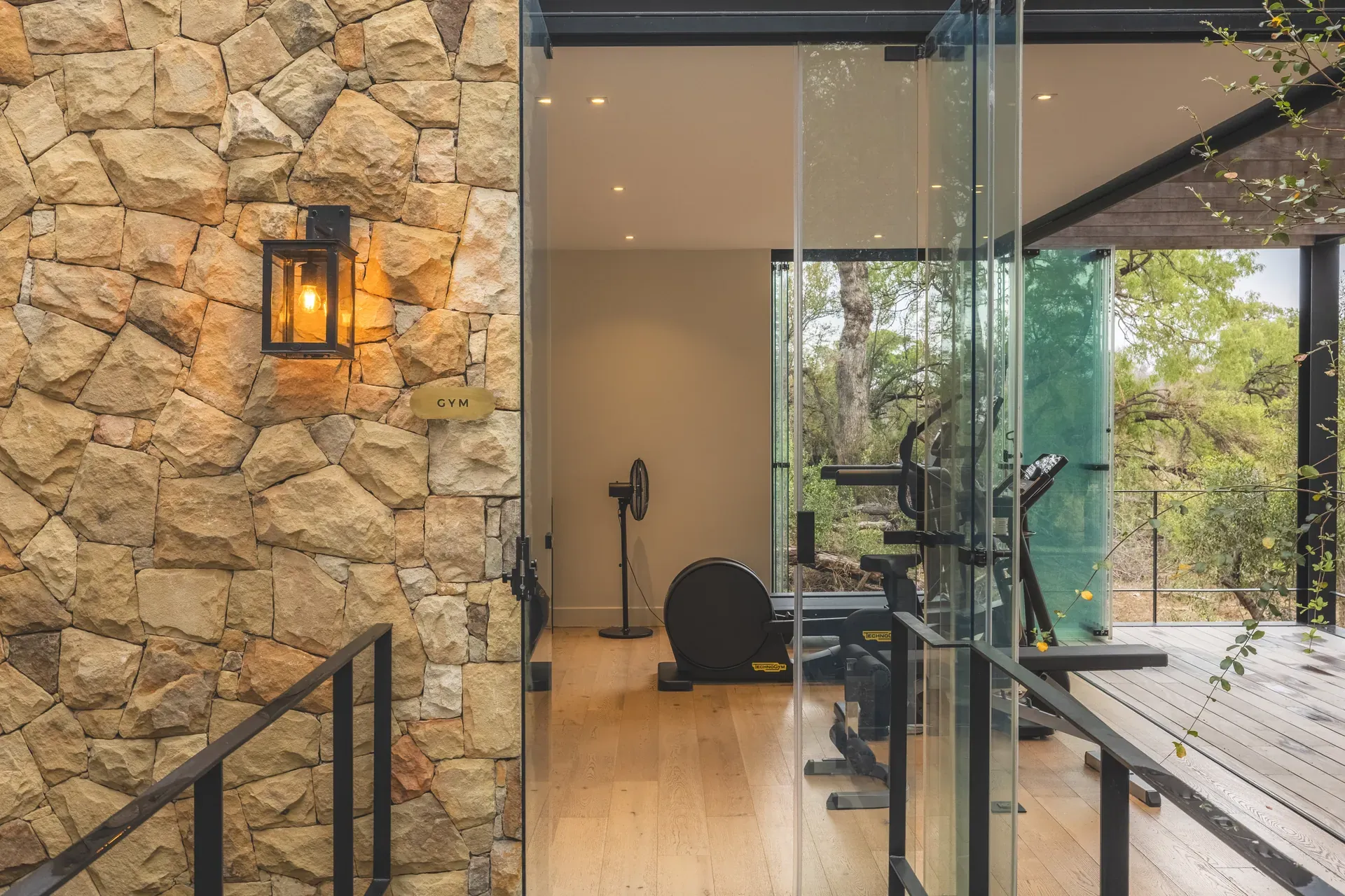 Entrance to the fitness centre at Monwana, set in the African bush.