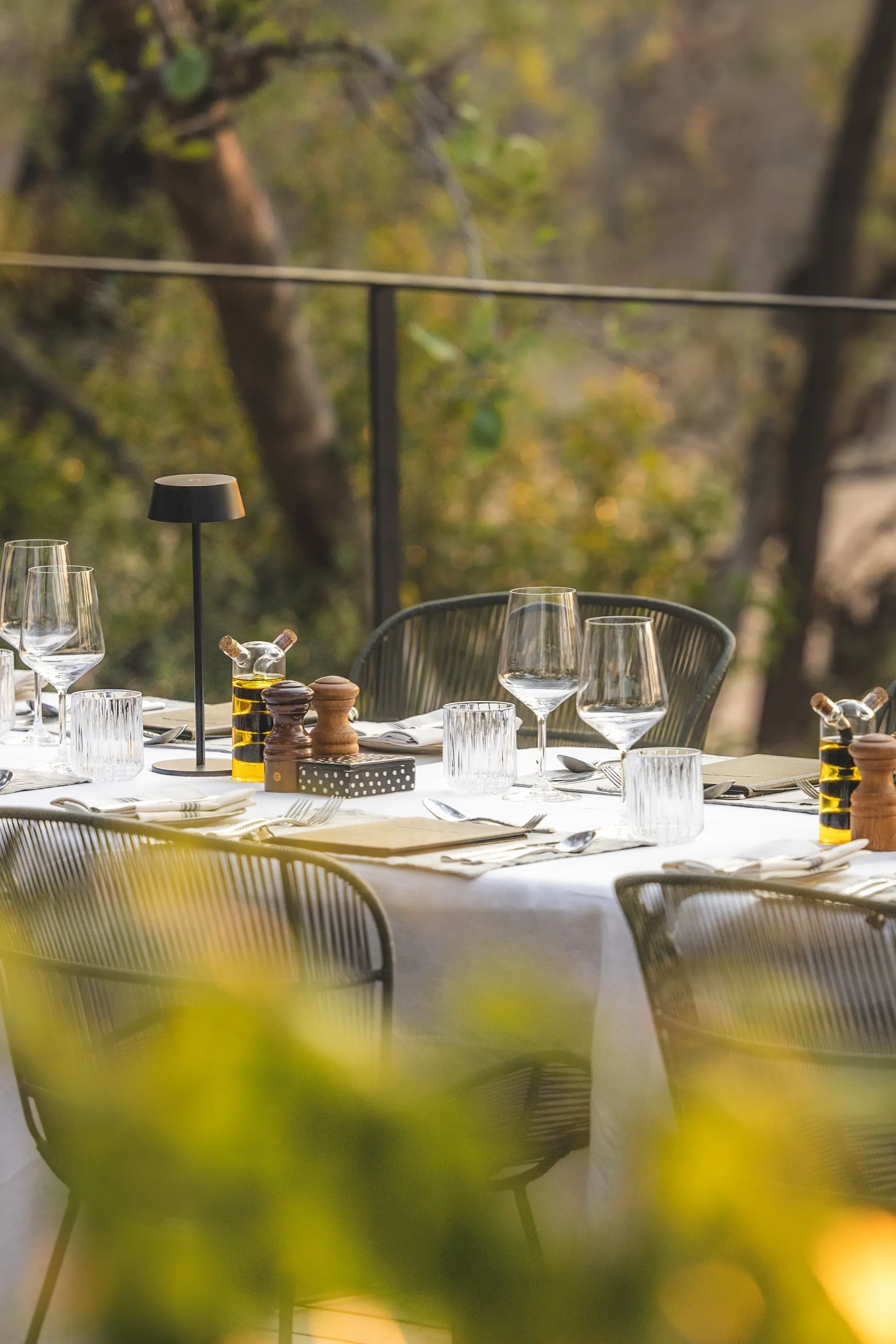 Elegant dining table set on a wooden deck in the African bush at Monwana Lodge