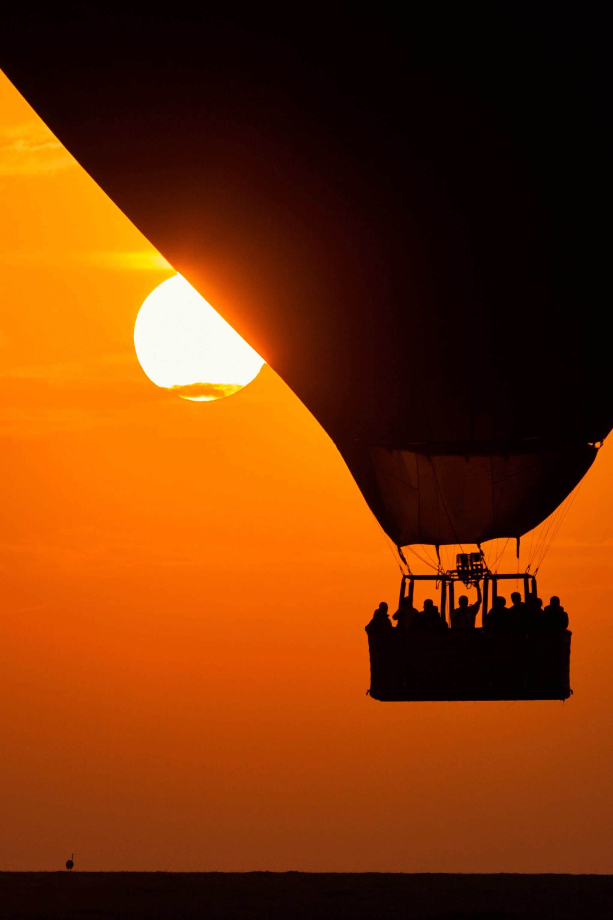 Hot air balloon silhouetted against an African sunset with guests aboard at Monwana Lodge.
