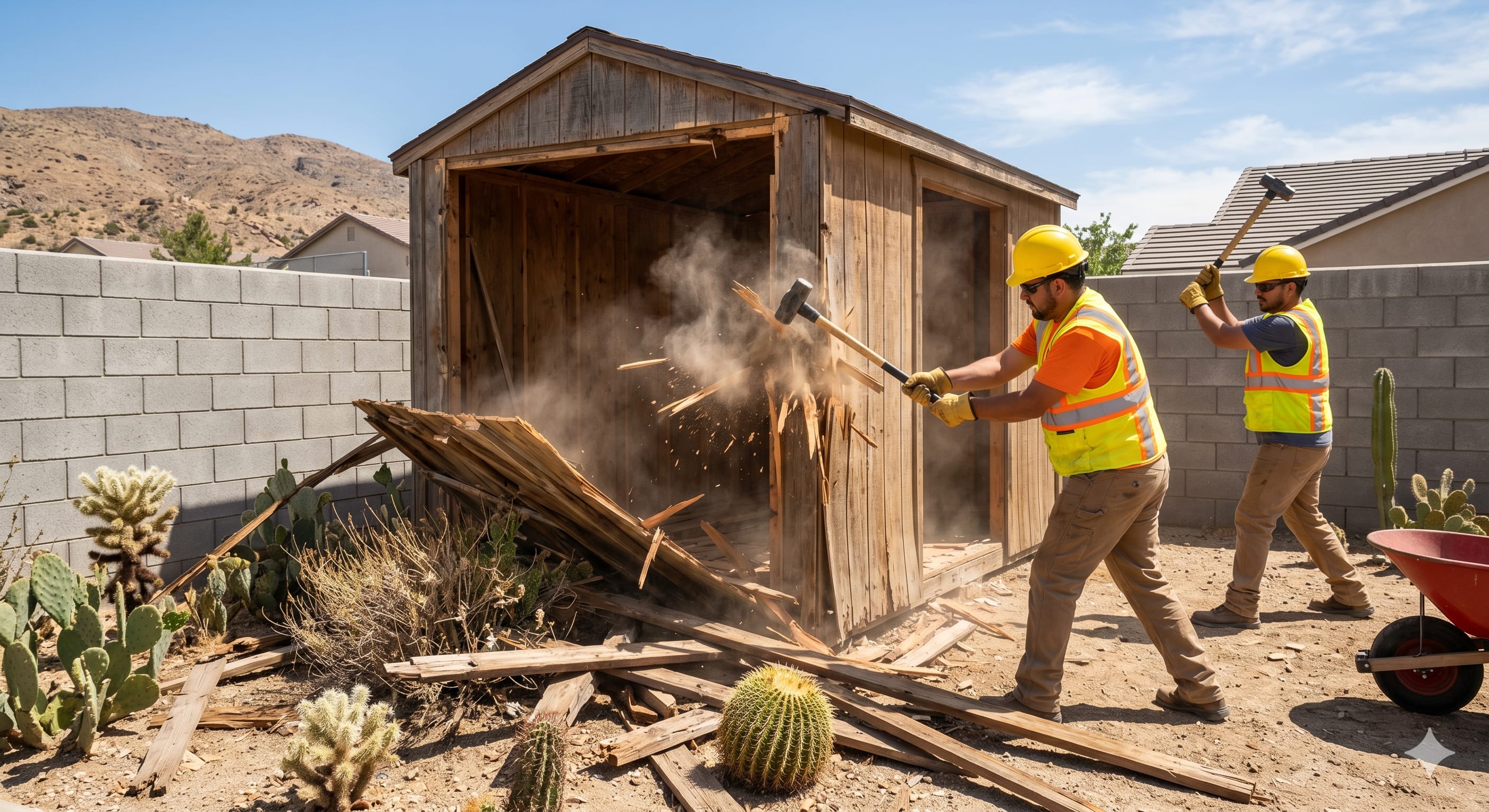 Wooden garden shed mid-disassembly in a backyard