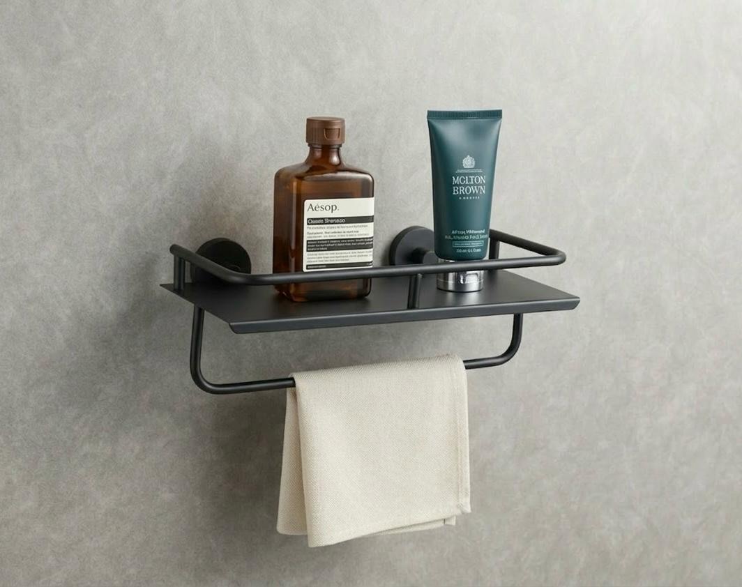 Matte Black Bathroom Shelf with Towel Bar — Hardware — SIDDHI