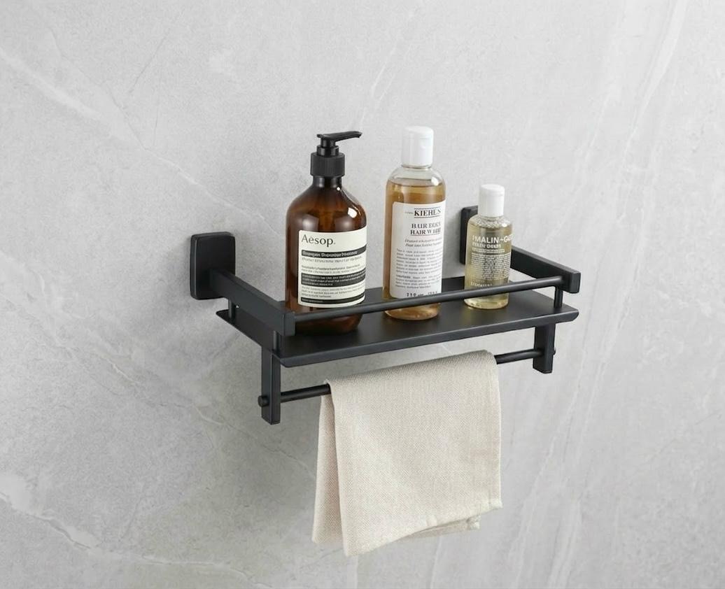 Matte Black Bathroom Shelf with Towel Bar view 2